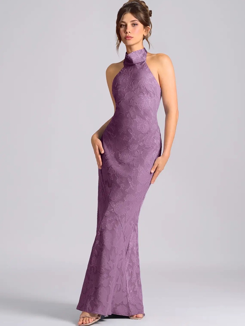 Azazie Velli Mermaid High Neck Bridesmaid Prom Dress Wisteria Floral Burnout